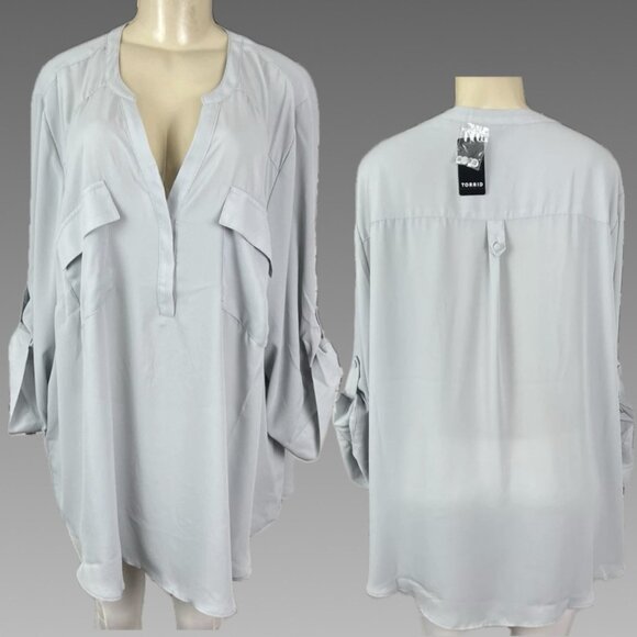 Torrid +5 Gray Mist Split Button Neck Chest Pockets 3/4 Roll-Tab Sleeve Blouse - Picture 1 of 6